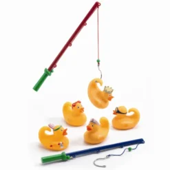 Badeenten, 5 Stück Gelb 8 cm + 2 Angelruten