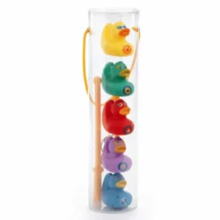 Badeenten, 5 Stück Regenbogen 8 cm + 2 Angelruten