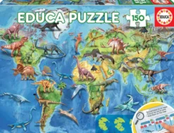 Puzzle m. 150 Teilen - Weltkarte m. Dinos