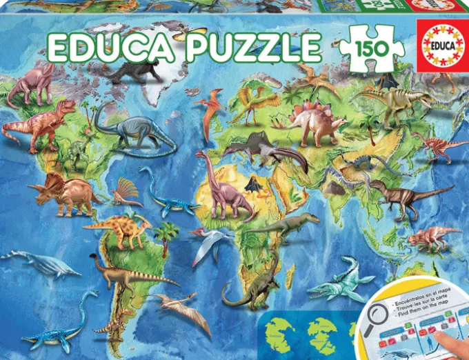 Puzzle m. 150 Teilen - Weltkarte m. Dinos