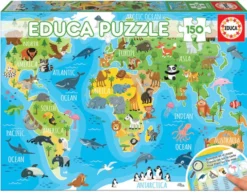 Puzzle, 150 Teile - Weltkarte m. Tiere