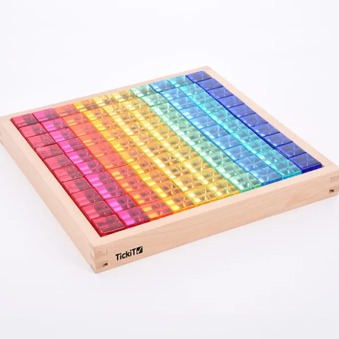Spiegeltablett mit 100 bunten Acrylwürfeln