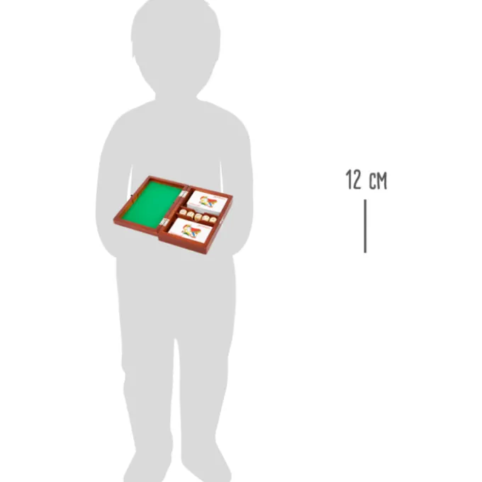 Spielbox mit Karten und Würfeln