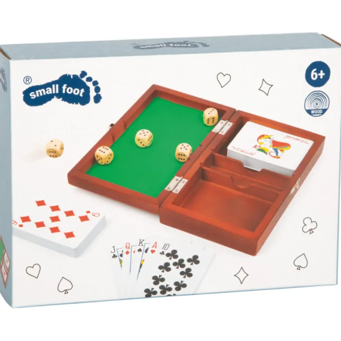 Spielbox mit Karten und Würfeln